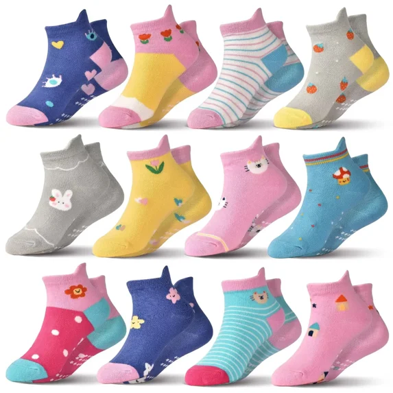 ELUTONG Toddler Non Slip Socks 12 Pairs Cute Patterns Socks for Girls 1-7 Years