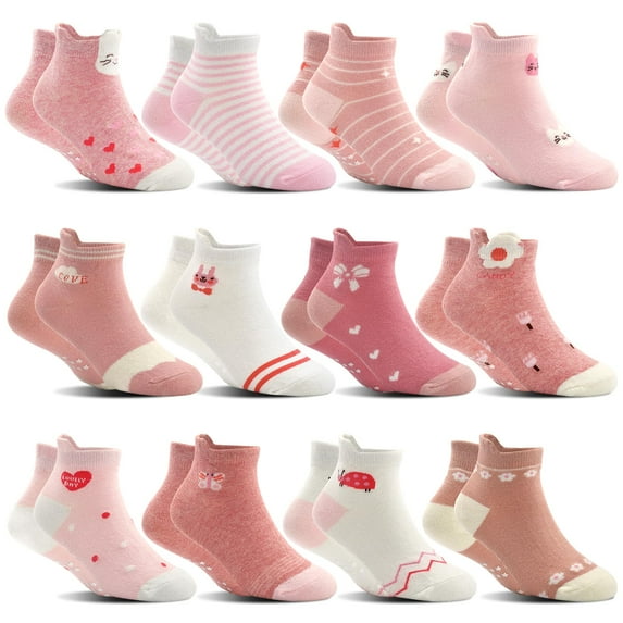 ELUTONG Toddler Non Slip Socks 12 Pairs Cute Patterns Socks for Girls 1-7 Years