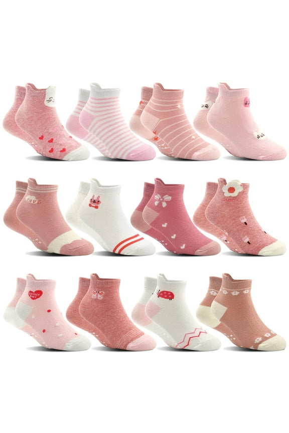 Toddler Non Slip Socks 12 Pairs Cute Patterns Socks for Girls 1-7 Years