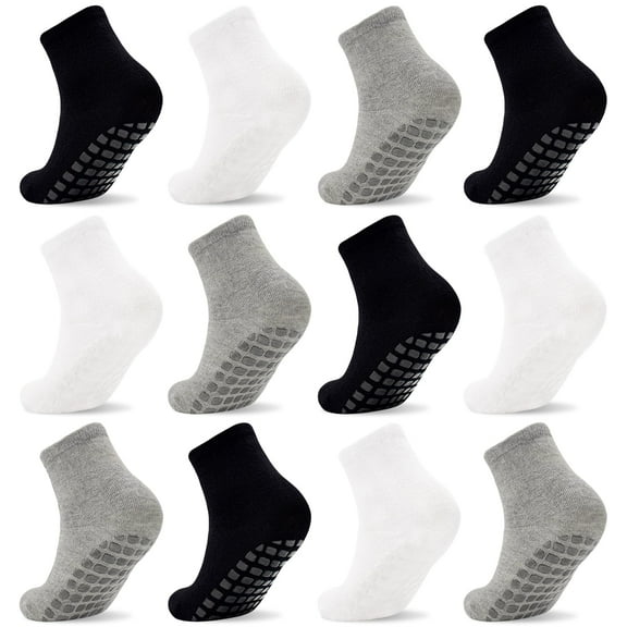 ELUTONG Toddler Socks, 12 Pack Boys Girls Non Slip Socks with Grippers for Kids Age 1-7