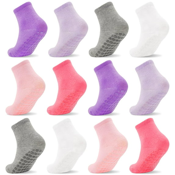 ELUTONG Toddler Socks, 12 Pack Boys Girls Non Slip Socks with Grippers for Kids Age 1-7