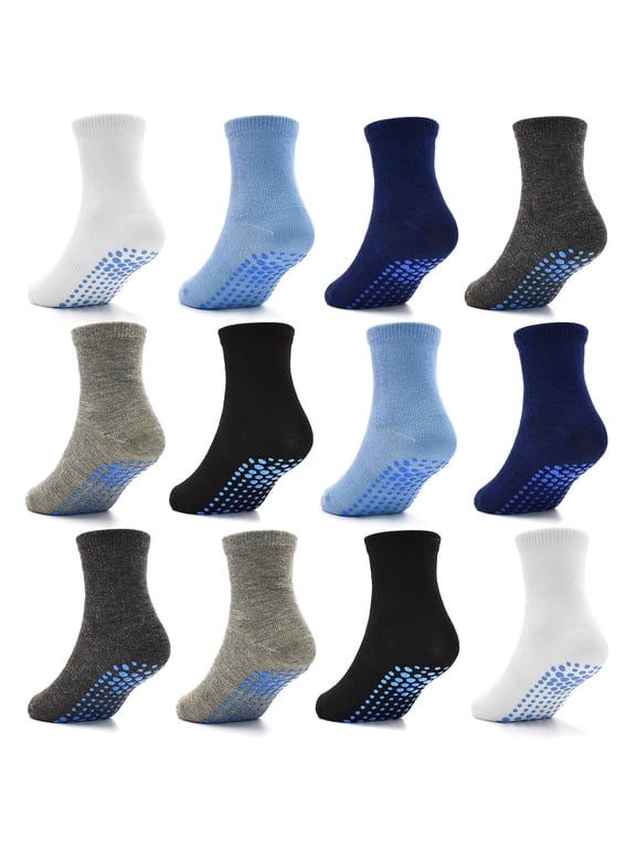Toddler Socks Anti Skid with Grips Non Slip Crew Socks Boys Girls 12/24 Pairs Baby Kids Children 1-7 Years