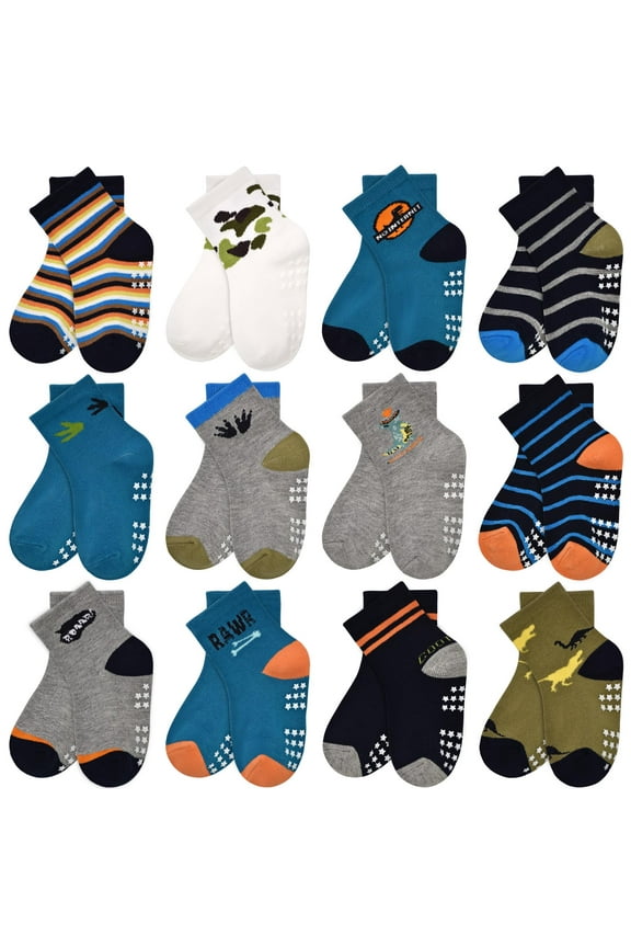 Toddler Socks with Grips Boys Non Slip Anti Skid Crew Socks 12 Pairs Baby Kids Children Cartoon Pattern