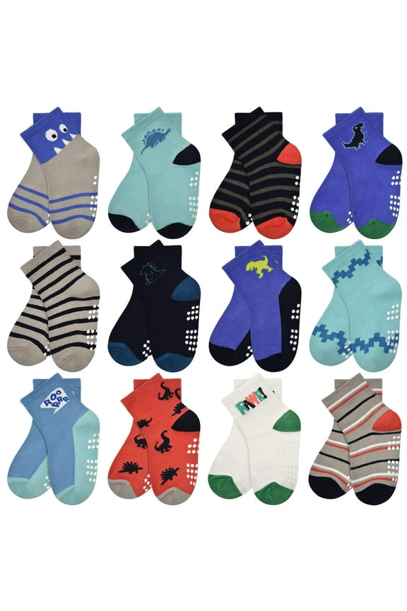 Toddler Socks with Grips Boys Non Slip Anti Skid Crew Socks 12 Pairs Baby Kids Children Cartoon Pattern