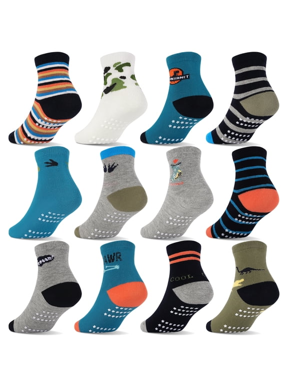 Toddler Socks with Grips Boys Non Slip Anti Skid Crew Socks 12 Pairs Baby Kids Children Cartoon Pattern