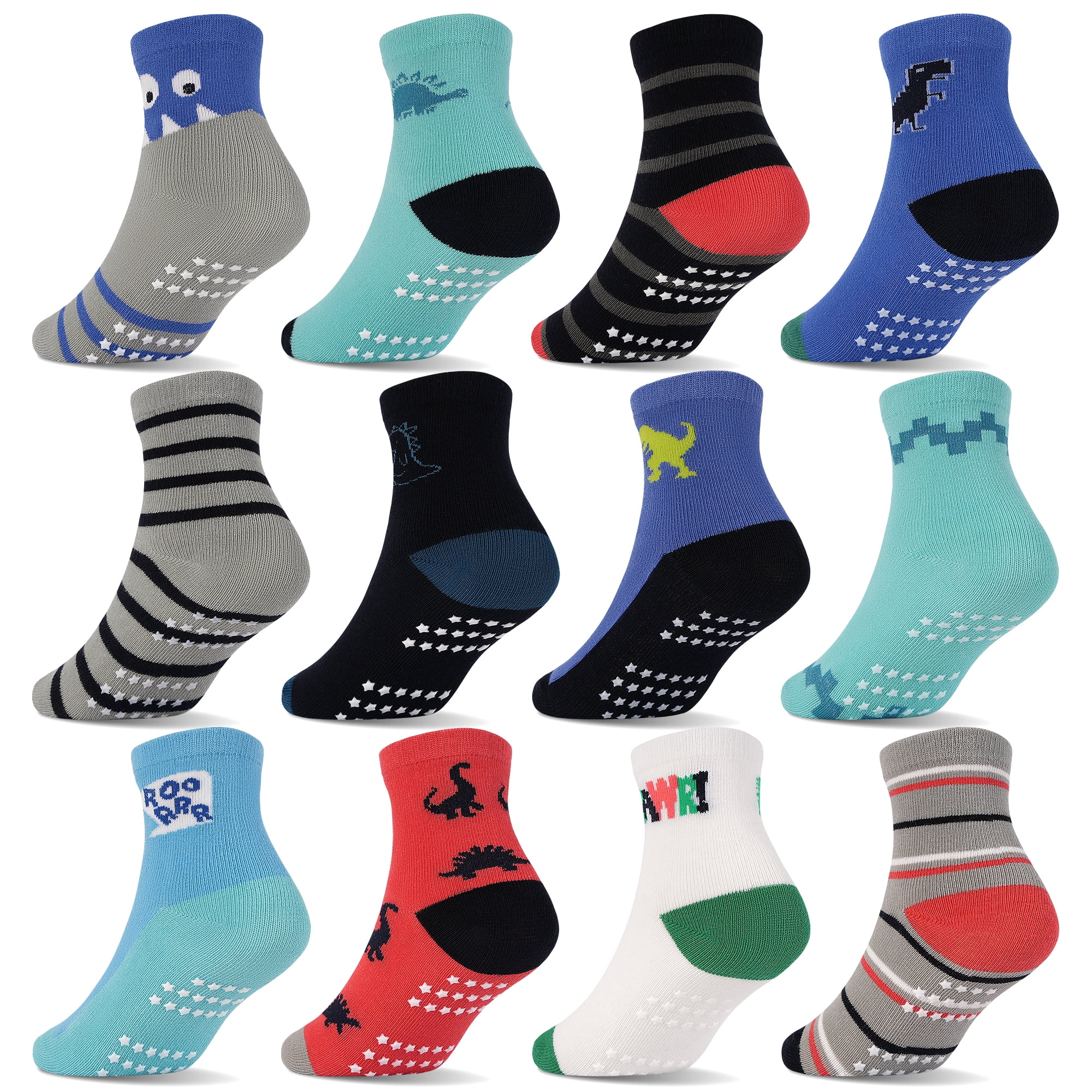 Toddler Socks with Grips Boys Non Slip Anti Skid Crew Socks 12 Pairs Baby Kids Children Cartoon Pattern