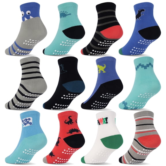 ELUTONG Toddler Socks with Grips Boys Non Slip Anti Skid Crew Socks 12 Pairs Baby Kids Children Cartoon Pattern