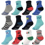 ELUTONG Toddler Socks with Grips Boys Non Slip Anti Skid Crew Socks 12 Pairs Baby Kids Children Cartoon Pattern