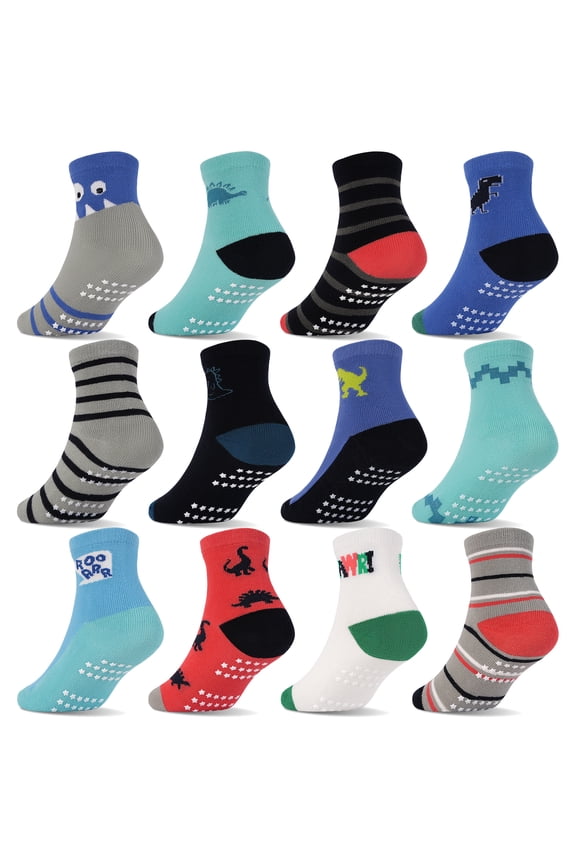 Toddler Socks with Grips Boys Non Slip Anti Skid Crew Socks 12 Pairs Baby Kids Children Cartoon Pattern