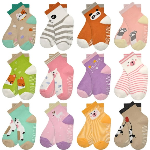 ELUTONG Toddler Socks with Grips Girls Non Slip Anti Skid Crew Socks 12 Pairs Baby Kids Children Cartoon Pattern