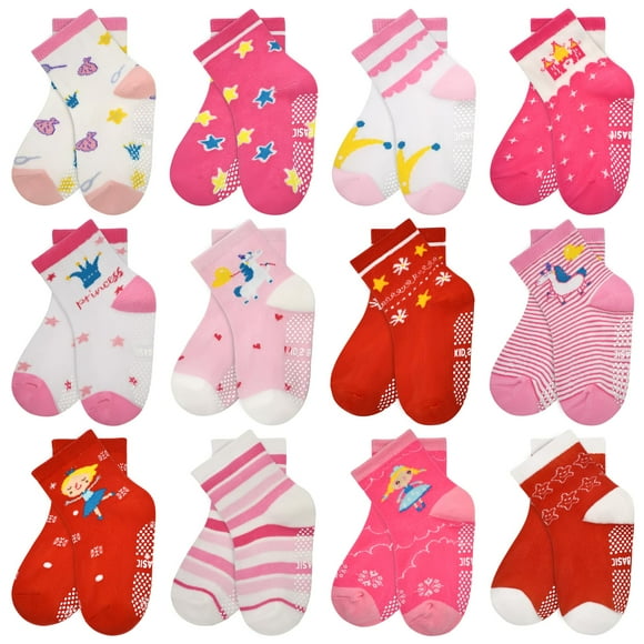 ELUTONG Toddler Socks with Grips Girls Non Slip Anti Skid Crew Socks 12 Pairs Baby Kids Children Cartoon Pattern