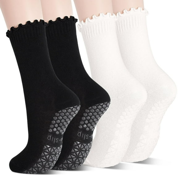 ELUTONG Women Yoga Socks, 2 Pairs of Non-Slip Pilates Socks Lace Trimmed Mid-Calf Socks 7-10