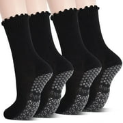 ELUTONG Women Yoga Socks, 2 Pairs of Non-Slip Pilates Socks Lace Trimmed Mid-Calf Socks 7-10