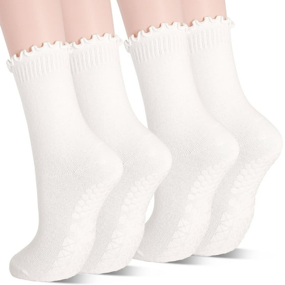 ELUTONG Women Yoga Socks, 2 Pairs of Non-Slip Pilates Socks Lace Trimmed Mid-Calf Socks 7-10