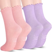 ELUTONG Women Yoga Socks, 2 Pairs of Non-Slip Pilates Socks Lace Trimmed Mid-Calf Socks 7-10