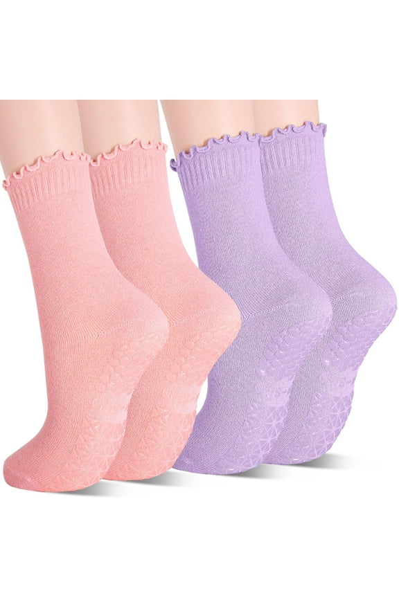 Women Yoga Socks, 2 Pairs of Non-Slip Pilates Socks Lace Trimmed Mid-Calf Socks 7-10