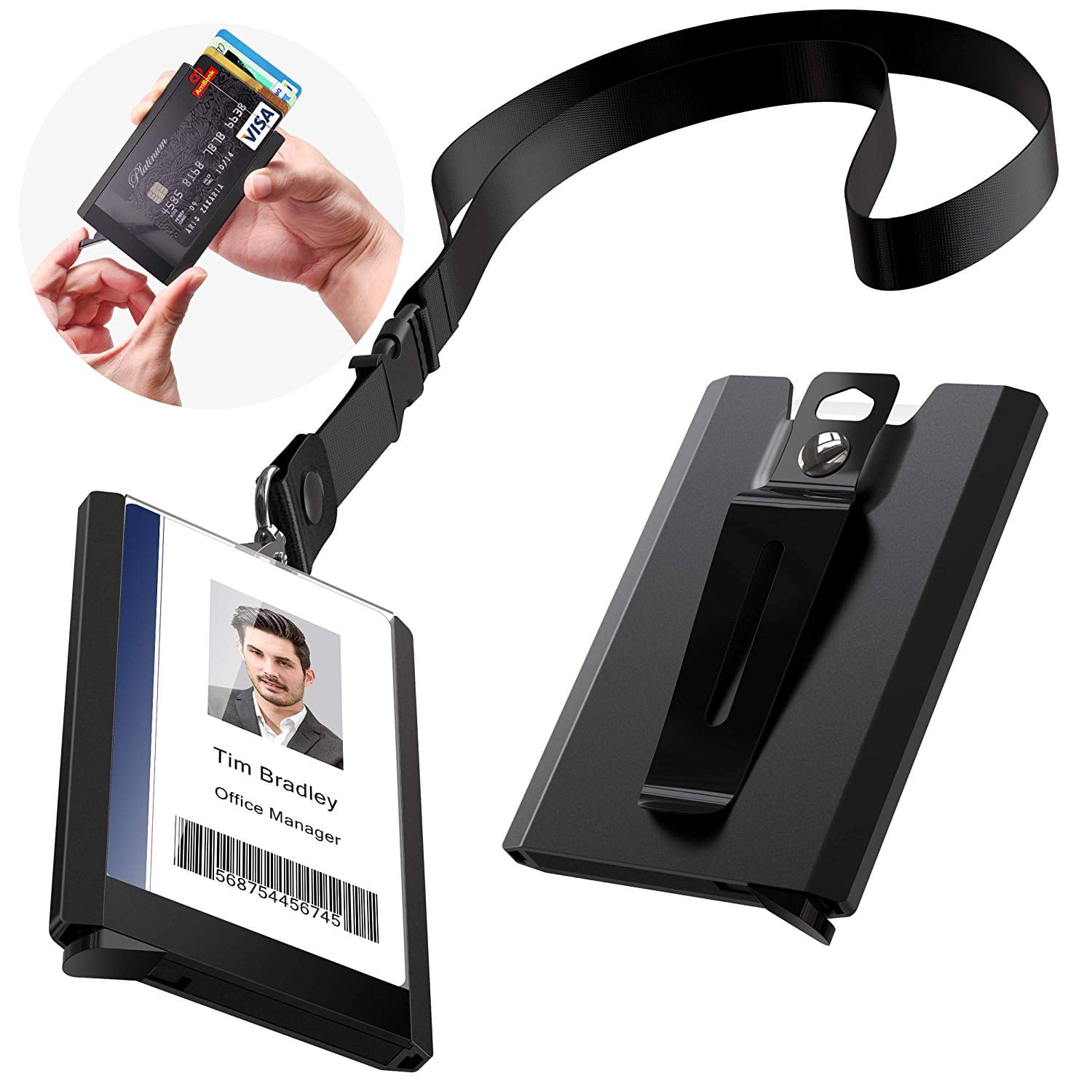 ELV Aluminium ID Badge Card Holder W/ Lanyard, Quick Release button & Metal  Clip 1-4 Cards (Black) 
