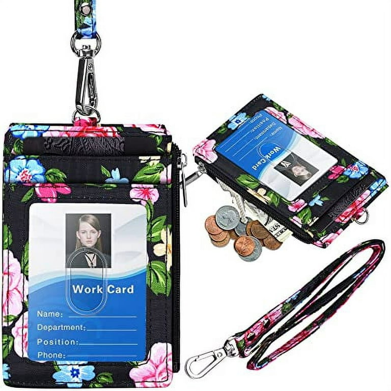 ELV Badge Holder with Zipper, ID Badge Card Holder Wallet with 5 Card  Slots, 1 Side RFID Blocking Pocket and Neck Lanyard Strap for Offices ID,  School