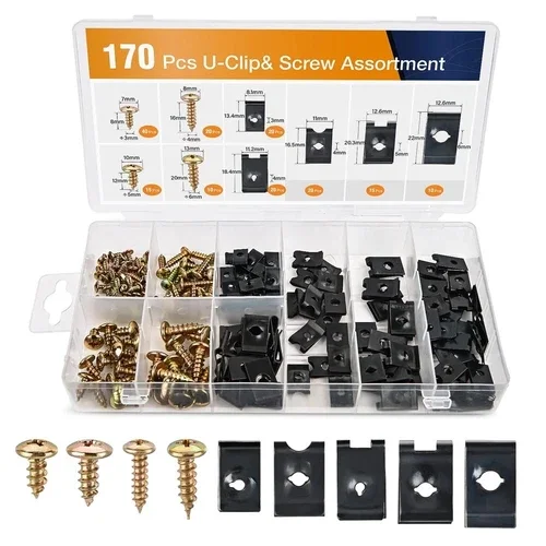 ELVY - 170Pcs Car U-Clip And Screw Assortment Kit 9 Different Sizes Automotive U Nut An