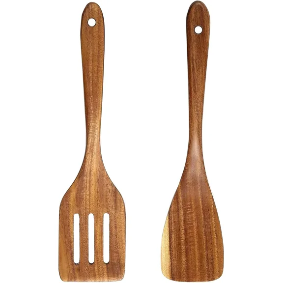 ELVY - 2Pcs Wooden Spatula Set Long Handle Acacia Utensils For Cooking & Baking
