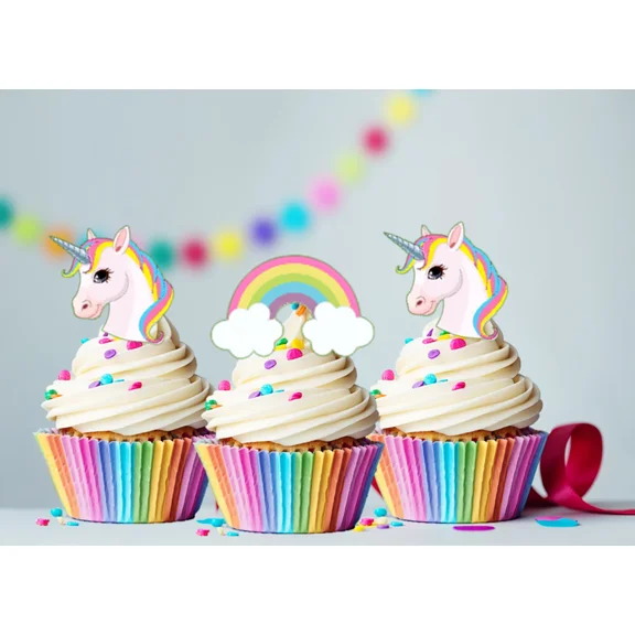 ELVY- 30 X Mini Unicorn & Rainbows Edible Cupcake Cake Toppers Fairy Decorations