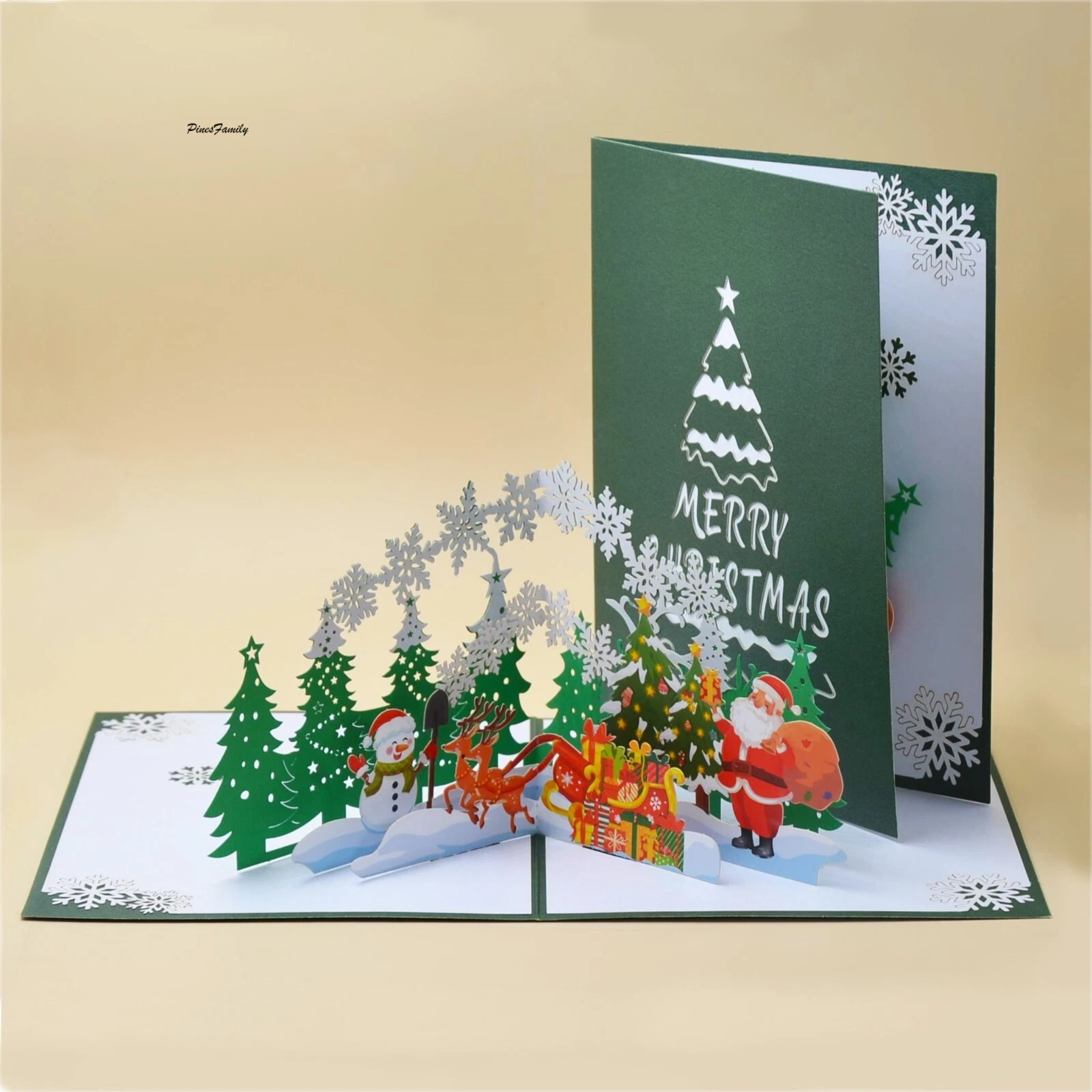 ELVY- B04-3D Pop Up Christmas Greeting Card (Christmas Tree, Santa And Snowman)