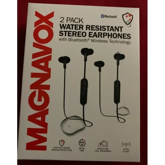 ELVY- Magnavox 2 Pack Water Resistant Stereo Earphones With Bluetooth Wireless