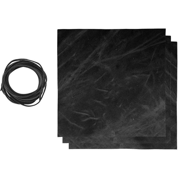 ELW 5-6 oz 2-2.4mm Black Full Grain Leather Craft Sheets Set of 3 Pieces 12"x12" Plus 36 Leather Cord Braiding String, Oil Tanned Real Cowhide for Tooling, Carving, Repair, Knife Sheaths