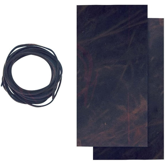 ELW 5-6 oz 2-2.4mm Dark Brown Full Grain Leather Craft Sheets Set of 2 Pieces 6"x12" Plus 36 Leather Cord Braiding String, Oil Tanned Real Cowhide for Tooling, Carving, Repair, Knife Sheaths