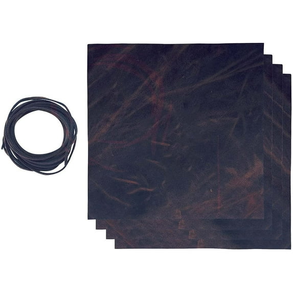 ELW 5-6 oz 2-2.4mm Dark Brown Full Grain Leather Craft Sheets Set of 4 Pieces 12"x12" Plus 36 Leather Cord Braiding String, Oil Tanned Real Cowhide for Tooling, Carving, Repair, Knife Sheaths