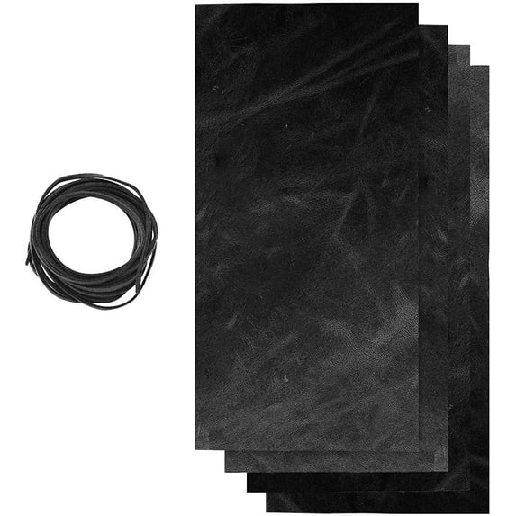 ELW 9-10 oz 3.6-4mm Black Full Grain Leather Craft Sheets Set of 4 Pieces 12"x24" Plus 36 Leather Cord Braiding String, Oil Tanned Real Cowhide for Tooling, Carving, Repair, Knife Sheaths