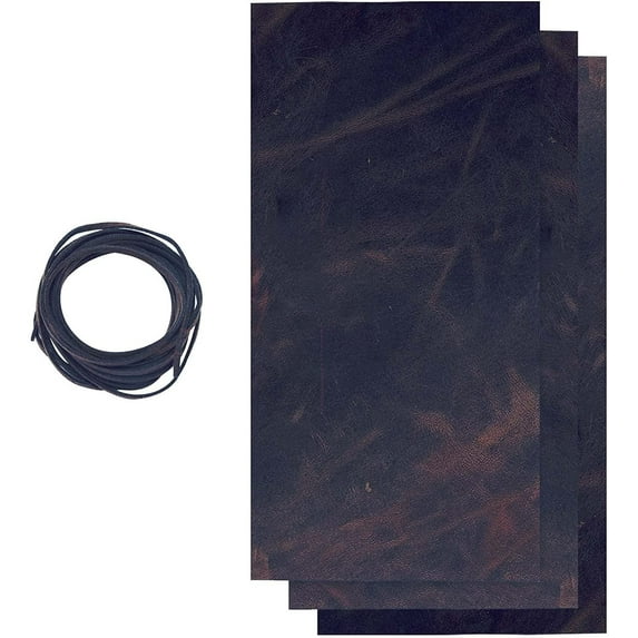 ELW 9-10 oz 3.6-4mm Dark Brown Full Grain Leather Craft Sheets Set of 3 Pieces 12"x24" Plus 36 Leather Cord Braiding String, Oil Tanned Real Cowhide for Tooling, Carving, Repair, Knife Sheaths