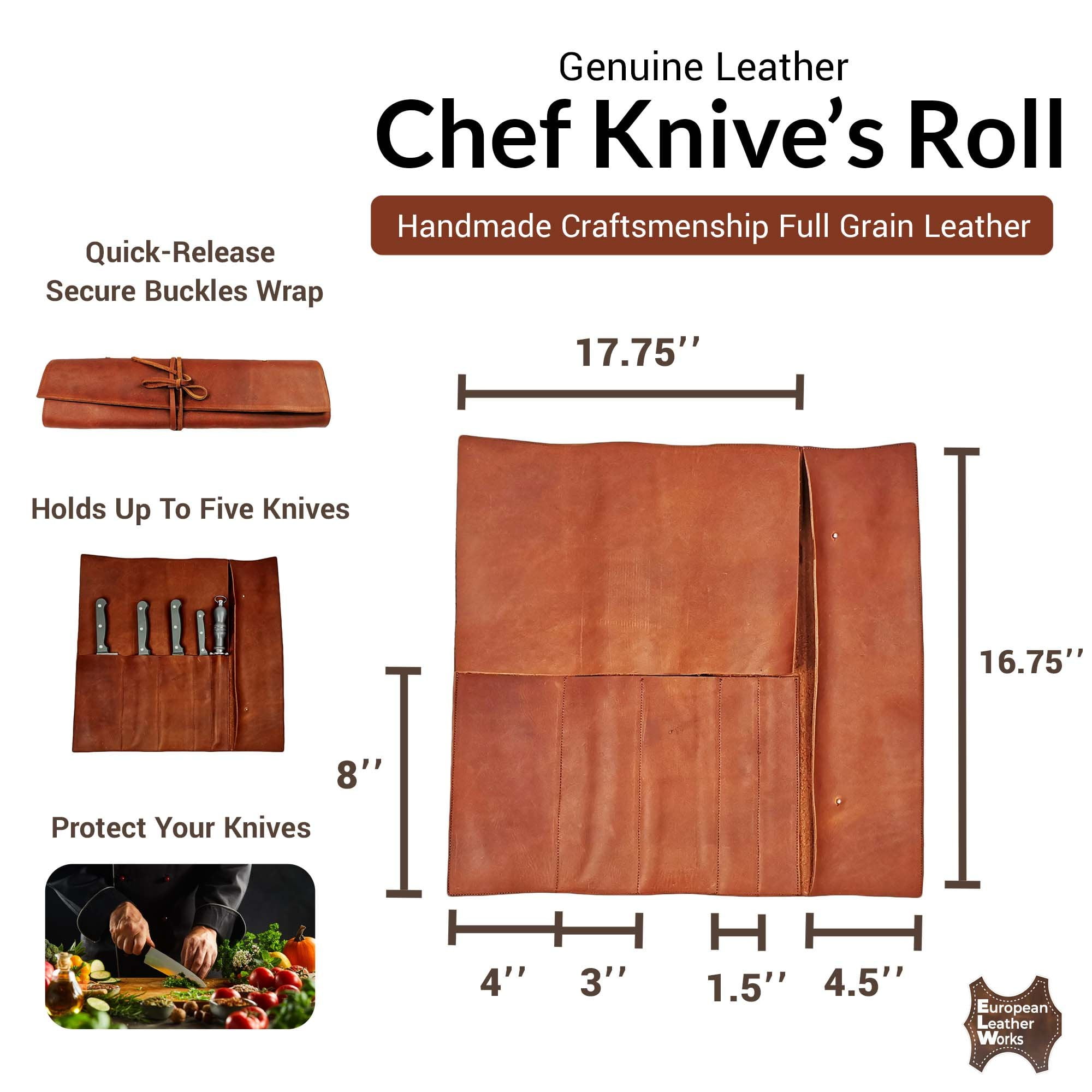 MTAPF Chef Knife Roll Bag - Durable Safe Knife Pouch with 6 Pockets, Adjustable Buckles and Strong Handle, Knife or Tool Rollup, Leather Knife Roll