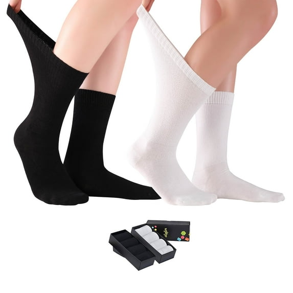 ELYFER 8 Pairs Thin Bamboo Diabetic Crew Socks for Women (Black-White, 5-8.5)