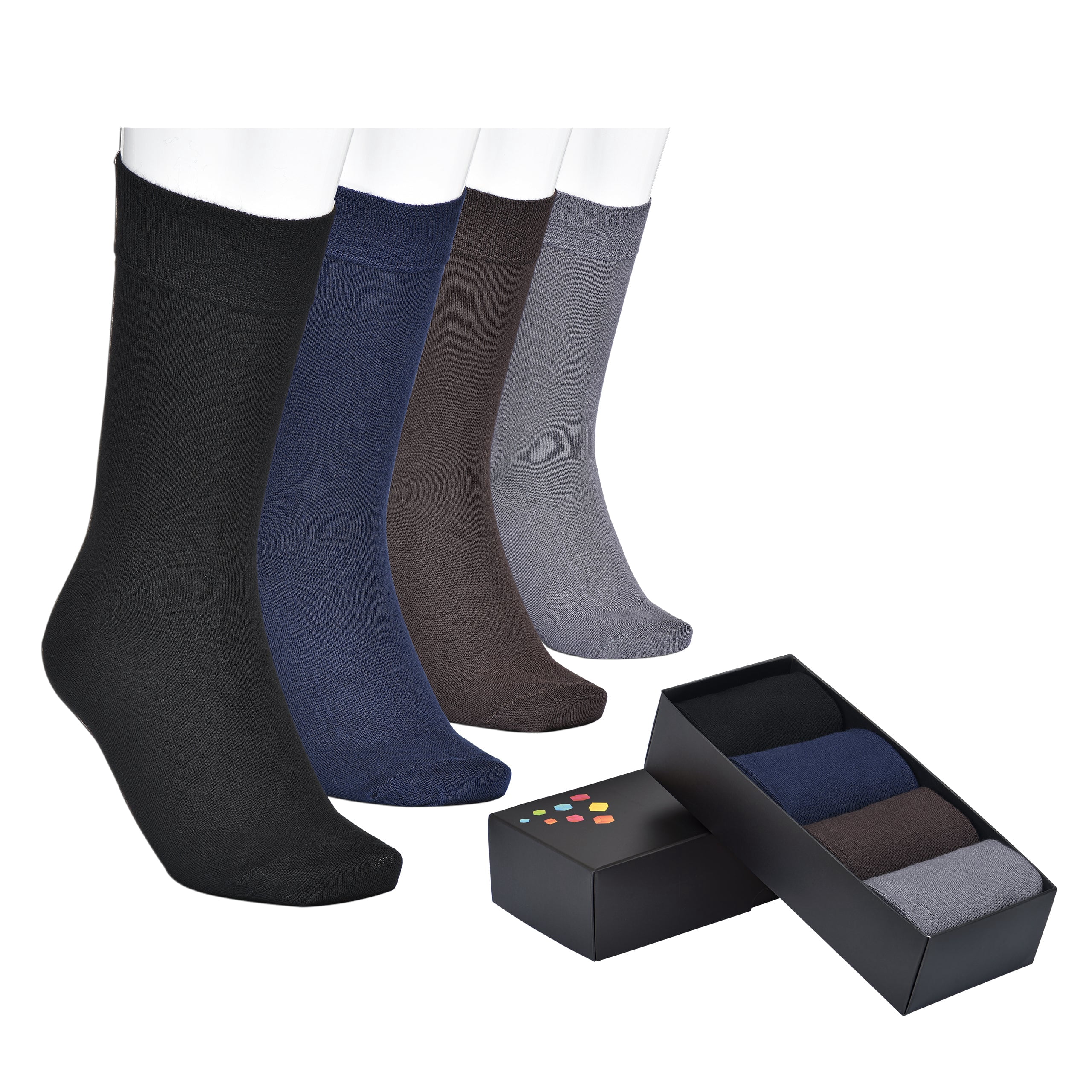 ELYFER Men's Bamboo Dress Crew Socks - 4 Pairs with Gift Box - Ultra Soft, Breathable, Casual, Seamless Toe Business Calf Socks for Men