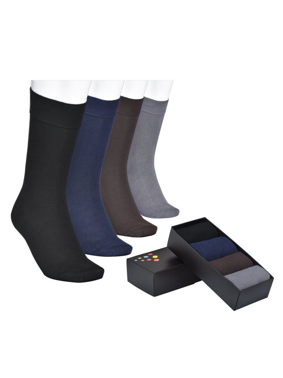 Men's Bamboo Dress Crew Socks - 4 Pairs with Gift Box - Ultra Soft, Breathable, Casual, Seamless Toe Business Calf Socks for Men