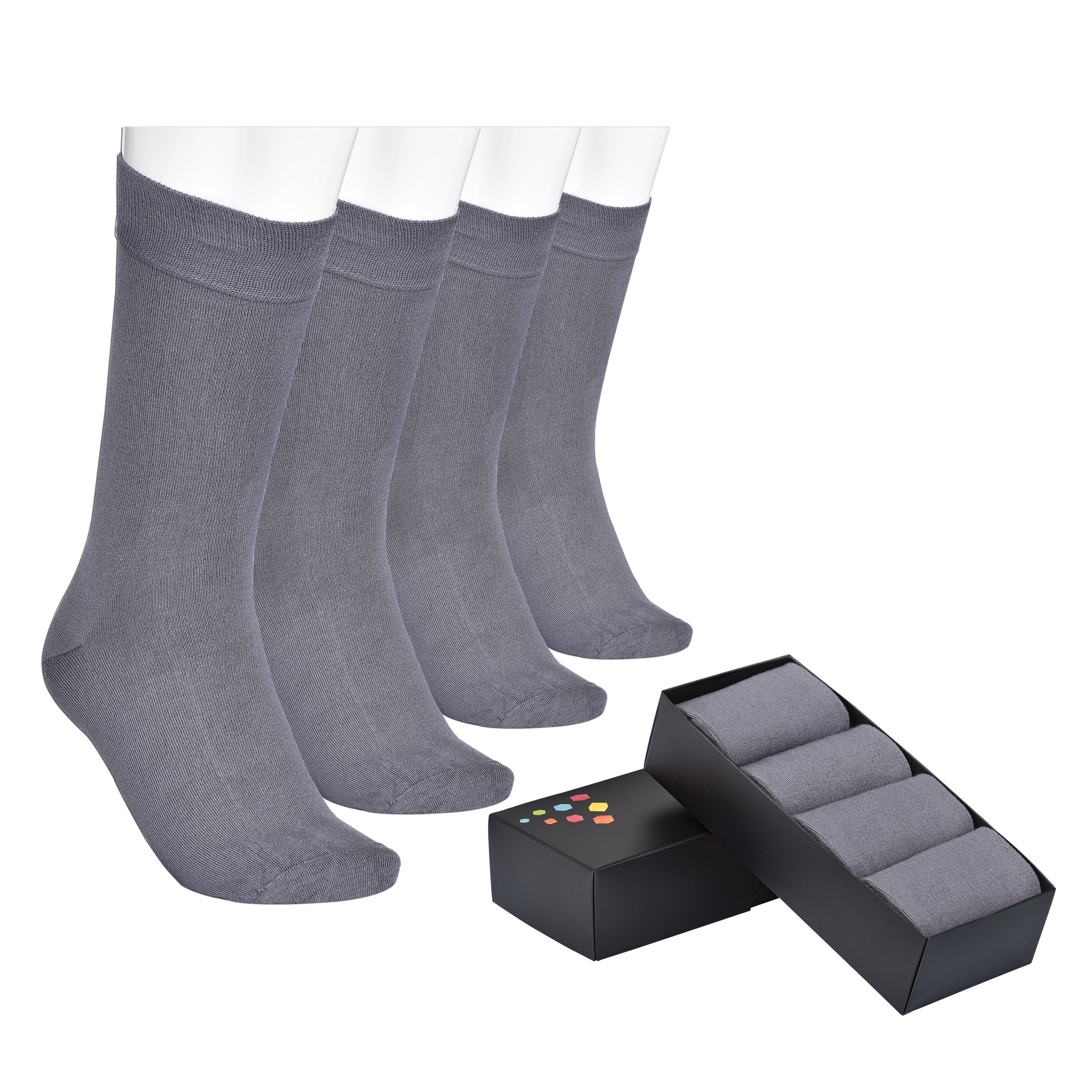 ELYFER Men's Bamboo Dress Crew Socks - 4 Pairs with Gift Box - Ultra Soft, Breathable, Casual, Seamless Toe Business Calf Socks for Men