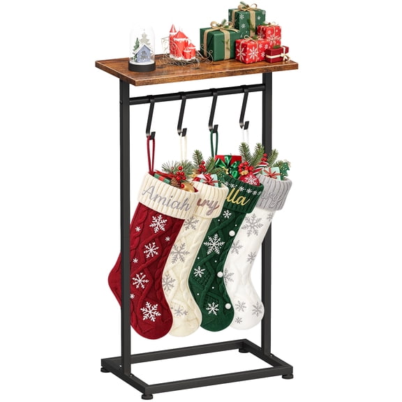 ELYKEN 15.8"W Christmas Stocking Holder Stand, Iron&MDF Shelf, Walnut