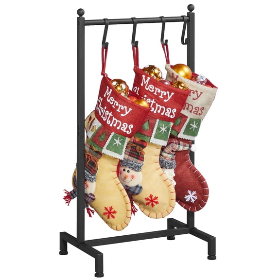 ELYKEN 17"W Christmas Stocking Holder Iron Floor Stand, 4 Hooks, Black