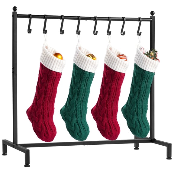 ELYKEN 33"W Christmas Stocking Holder Stand Iron with 8 Hooks, Black