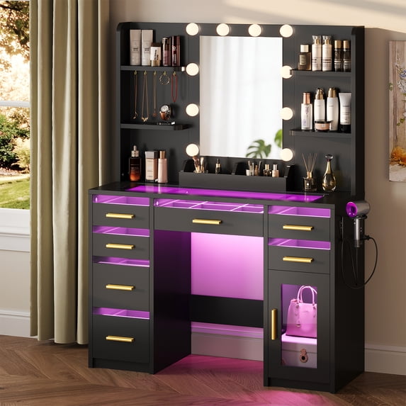 ELYKEN 43"W Makeup Vanity Desk with RGB Mirror, 7 Drawers&Power, Black