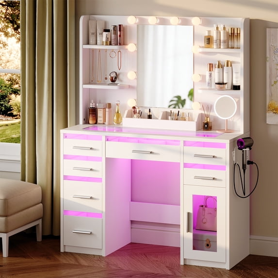 ELYKEN 43"W Makeup Vanity Desk with RGB Mirror, 7 Drawers&Power, White
