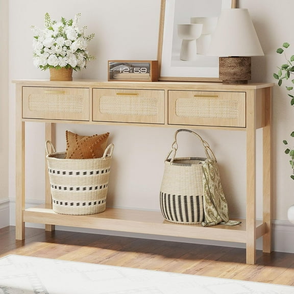 ELYKEN 51.2" Entryway Table with 3 Rattan Drawers, Boho Console Table Narrow with Storage, Long Sofa Table for Behind Couch Entry Hallway, Entrance, Living Room, Natural Wood