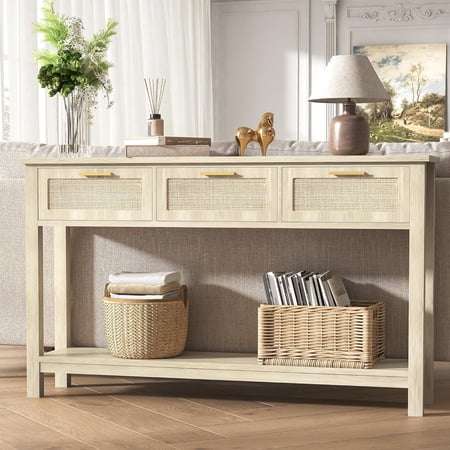 ELYKEN Rattan 51.2" Console Table with 3 Drawer, Entryway Table with Drawer & Shelf, Boho Sofa Table Behind Couch Foyer for Living Room, Hallway, Natural Wood