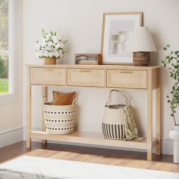 ELYKEN 51.2" Rattan Console Table with 3 Drawers, Natural Wood