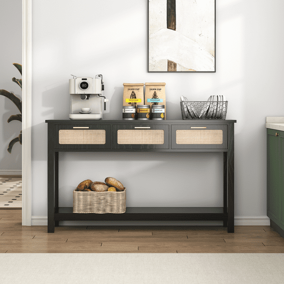 ELYKEN 51.2" W Rattan Console Table with 3 Drawers MDF, Black