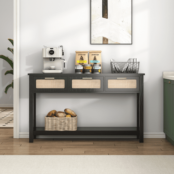 ELYKEN 51.2" W Rattan Console Table with 3 Drawers MDF, Black
