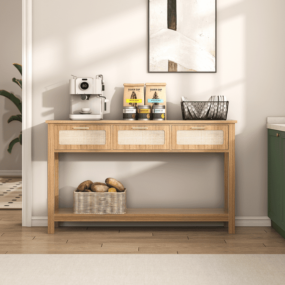 ELYKEN 51.2" W Rattan Console Table with 3 Drawers MDF, Oak Brown