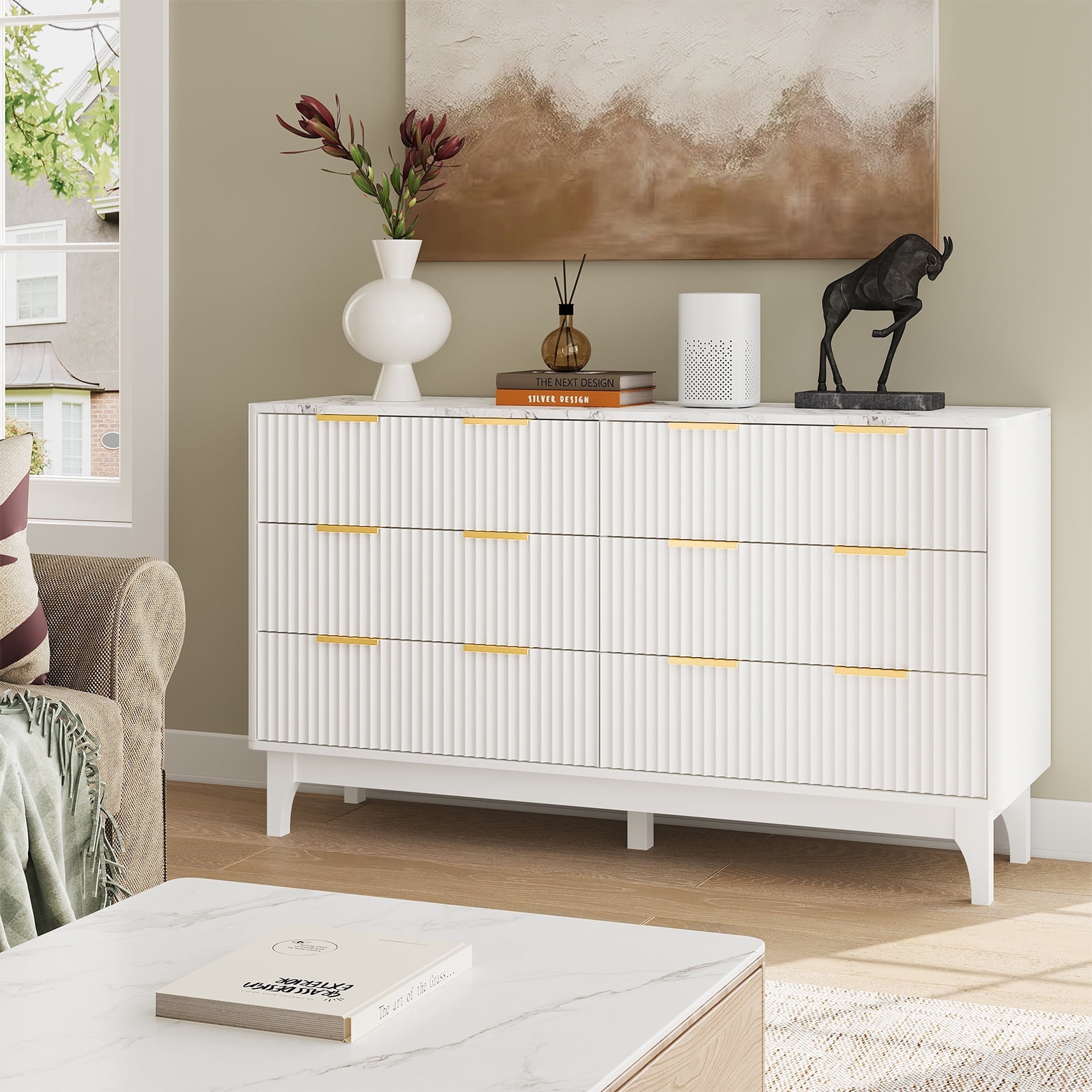 ELYKEN Modern 54'' W 6 - Drawer Dresser with Faux Marble Top and