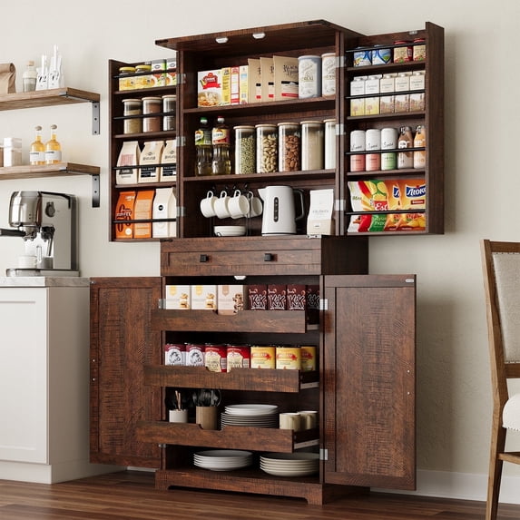 ELYKEN 72" Kitchen Pantry Storage Cabinet with Adjustable Shelves and Drawer, Rustic Brown